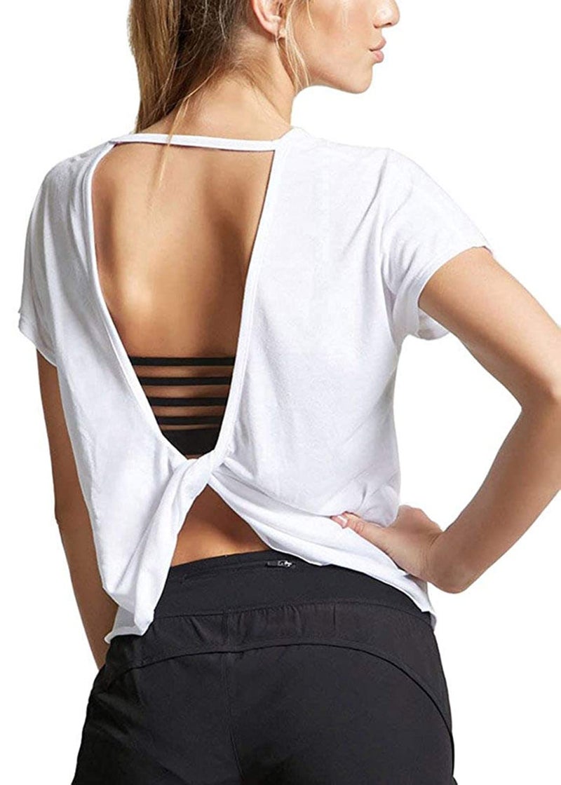 Mippo Workout Shirts Gym Tops Open Back Backless Top Athletic Gym Clothes Short Sleeve Work Out Tops for Women White S - Image 1